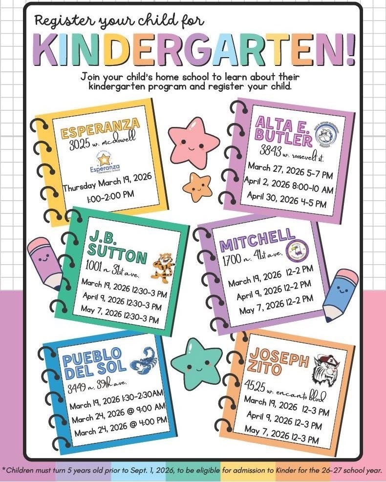 School flyer highlighting dates and times kindergarten registrations happening in different schools across the district 