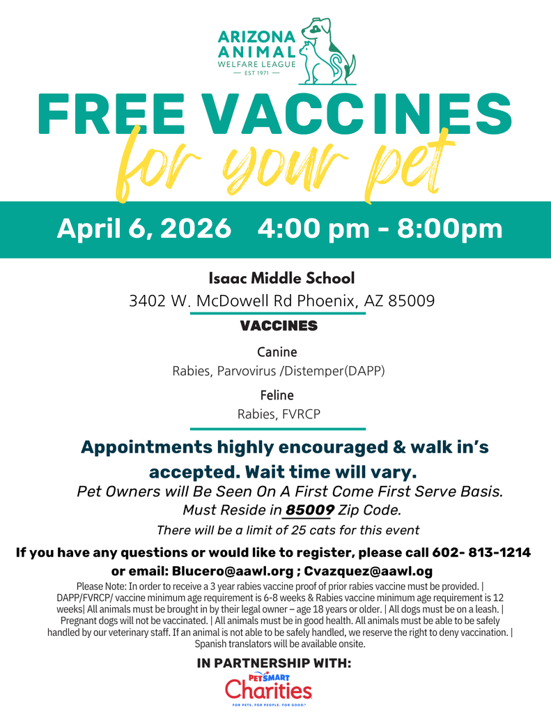 🐾 Don’t forget! Today from 4:00–8:00 pm, pet vaccine clinic at IMS.