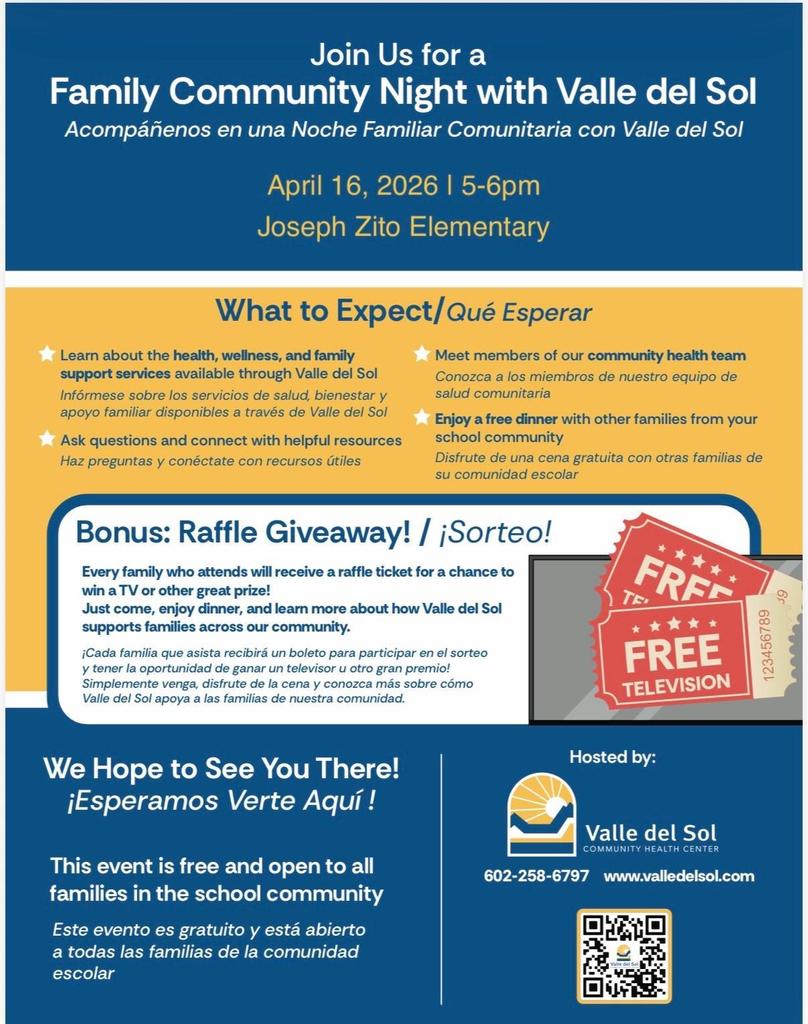 Valley del sol  April 16 Family night 5 to 6 pm. 