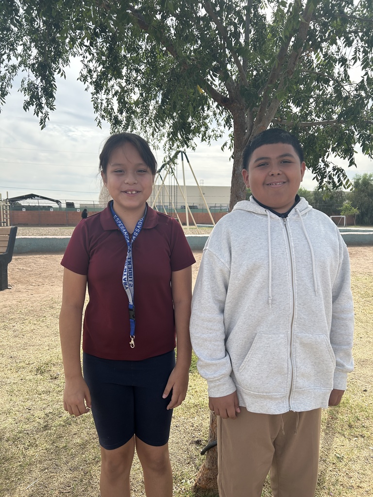 A full-length outdoor portrait of two young students, a girl and a boy, standing side-by-side and smiling warmly in front of a leafy tree. The girl, on the left, has dark hair tied back and is wearing a maroon polo shirt with a blue "Student Ambassador" lanyard around her neck and dark navy shorts. The boy, on the right, has short dark hair and is wearing a light grey zip-up hoodie and khaki-colored pants.  The background shows a sunlit school playground with a sandy ground, a swing set in the distance, and a clear, bright sky. Both students appear proud and happy as they pose together for the camera.