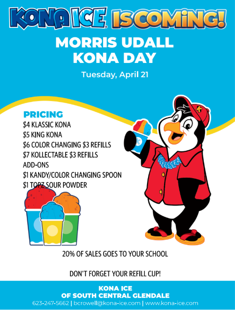 Kona Ice Ad - Pick your cup then visit the flavorwave & flavor your own! 4 sizes of snowcones shown: classic for $4, king for $5, color change for $6 (refills $3), Collectable for $7 (refills $3)