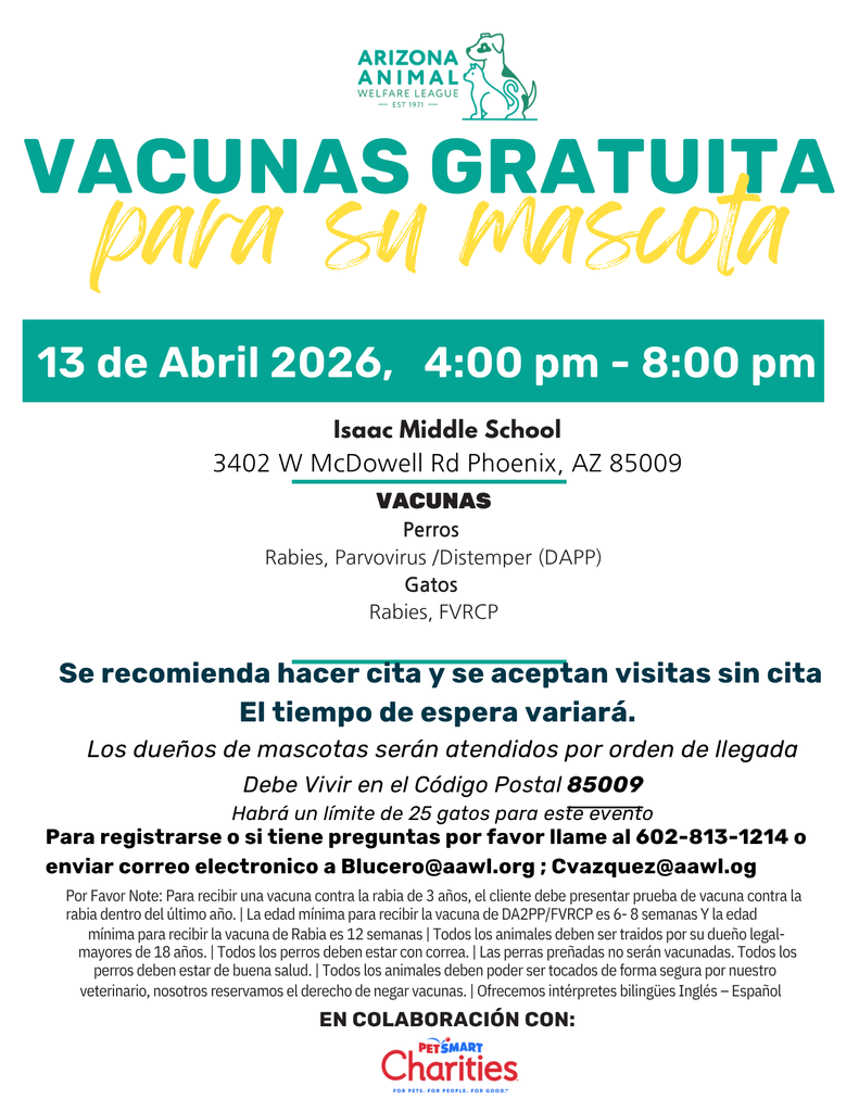 🐾 Today’s the day! 🐾  Don’t miss the chance to take care of your pets’ health 🐶🐱 We’ll have a pet vaccination clinic TODAY from 4:00 p.m. to 8:00 p.m. at Isaac Middle School.  Come protect your furry friends! 💉❤️  We hope to see you there!