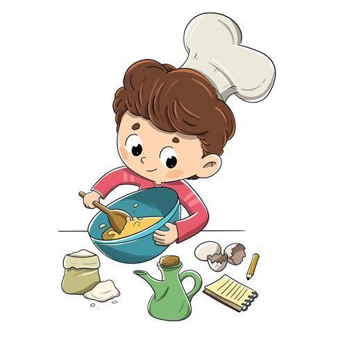Cartoon boy wearing chef hat mixing batter in a bowl and surrounded by a recipe and ingredients