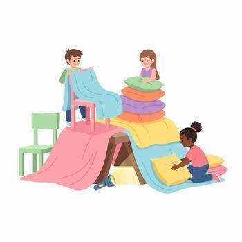 Cartoon of three kids building a pillow and blanket fort 
