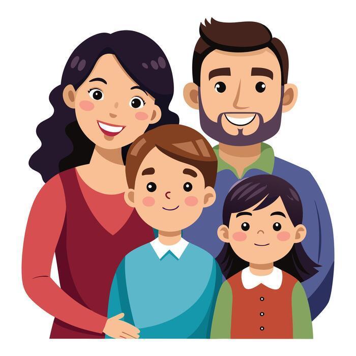Cartoon portrait of a smiling family consisting of a mother, father, older son, and younger sister