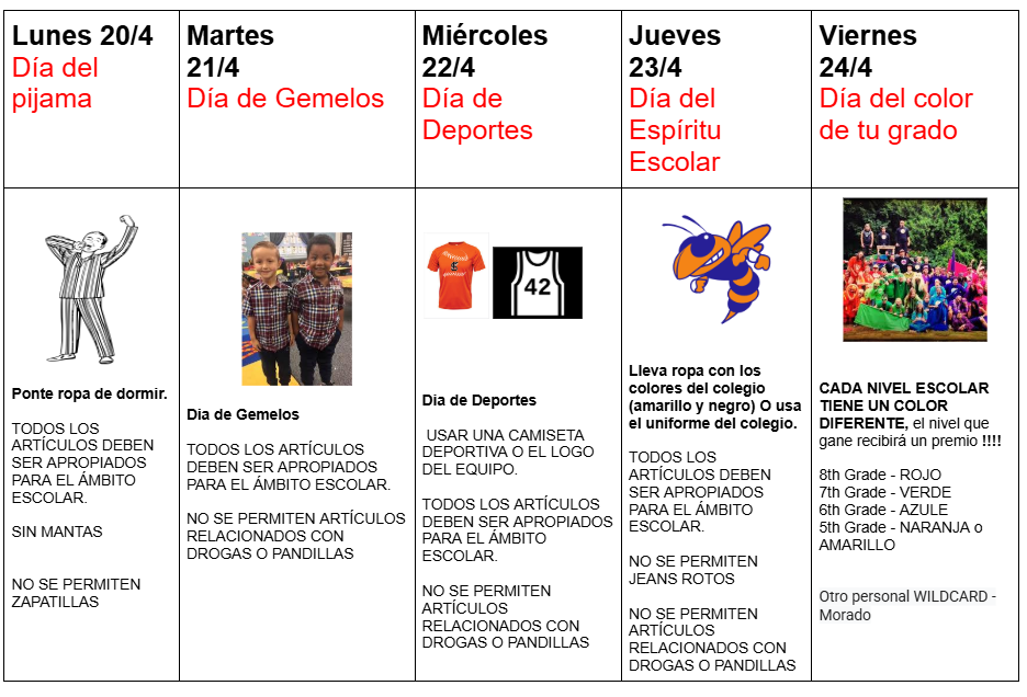 Lunes 20/4: Día de Pijamas – Vistan ropa de dormir. TODOS LOS ARTÍCULOS DEBEN SER APROPIADOS PARA LA ESCUELA. NO SE PERMITEN MANTAS NI PANTUFLAS. Martes 21/4: Día de Gemelos – TODOS LOS ARTÍCULOS DEBEN SER APROPIADOS PARA LA ESCUELA. NO SE PERMITEN ARTÍCULOS RELACIONADOS CON DROGAS O PANDILLAS. Miércoles 22/4: Día Deportivo – Vistan una camiseta deportiva o ropa con el logotipo de un equipo. TODOS LOS ARTÍCULOS DEBEN SER APROPIADOS PARA LA ESCUELA. NO SE PERMITEN JEANS ROTOS NI ARTÍCULOS RELACIONADOS CON DROGAS O PANDILLAS. Jueves 23/4: Día del Espíritu Escolar – Vistan ropa con los colores de la escuela (amarillo y negro) O ropa con el emblema escolar. TODOS LOS ARTÍCULOS DEBEN SER APROPIADOS PARA LA ESCUELA. NO SE PERMITEN JEANS ROTOS NI ARTÍCULOS RELACIONADOS CON DROGAS O PANDILLAS. Viernes 24/4: ¡¡GUERRA DE COLORES!! Cada nivel de grado tiene un color diferente. ¡¡¡El grado ganador recibirá un premio!!! 8.º Grado: ROJO | 7.º Grado: VERDE | 6.º Grado: AZUL | 5.º Grado: NARANJA/AMARILLO | Otro personal (COMODÍN): MORADO