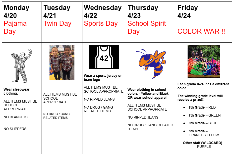 Monday 4/20 Pajama Day - Wear sleepwear clothing.   ALL ITEMS MUST BE SCHOOL APPROPRIATE   NO BLANKETS    NO SLIPPERS.  Tuesday  4/21 Twin Day ALL ITEMS MUST BE SCHOOL APPROPRIATE    NO DRUG / GANG RELATED ITEMS .  Wednesday  4/22 Sports DayWear a sports jersey or team logo   ALL ITEMS MUST BE SCHOOL APPROPRIATE   NO RIPPED JEANS  NO DRUG / GANG RELATED ITEMS.  Thursday  4/23 School Spirit DayWear clothing in school colors - Yellow and Black OR wear school apparel   ALL ITEMS MUST BE SCHOOL APPROPRIATE   NO RIPPED JEANS  NO DRUG / GANG RELATED ITEMS. Friday  4/24  COLOR WAR !!Each grade level has a different color.  The winning grade level will receive a prize!!!! 8th Grade – RED   7th Grade – GREEN   6th Grade – BLUE   5th Grade – ORANGE/YELLOW Other staff (WILDCARD) – PURPLE 