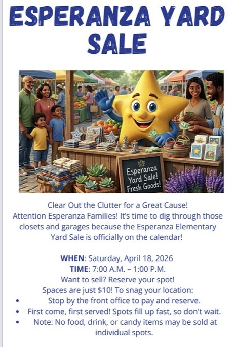 Our neighboring school, Esperanza Elementary, is hosting a garage sale 🏡✨ Spots are still available if you’d like to sell, or feel free to stop by and support by shopping!