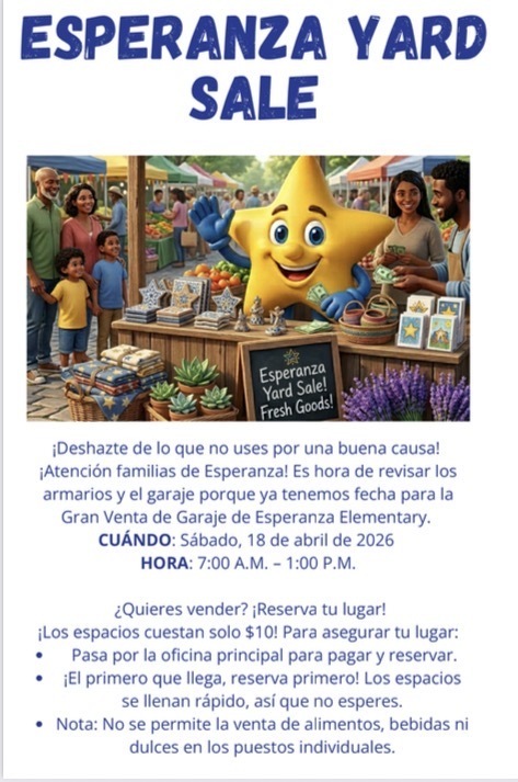Our neighboring school, Esperanza Elementary, is hosting a garage sale 🏡✨ Spots are still available if you’d like to sell, or feel free to stop by and support by shopping!