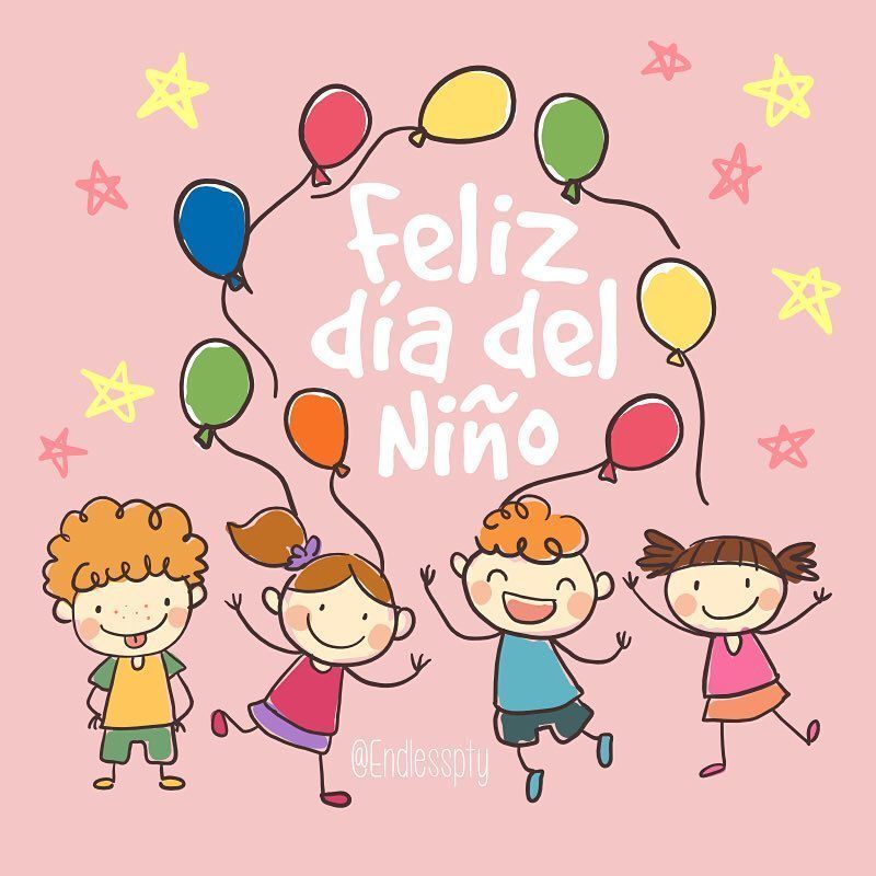 Cartoon children playing under balloons and red/yellow stars with white text saying "Feliz dia del nino" against a light pink background
