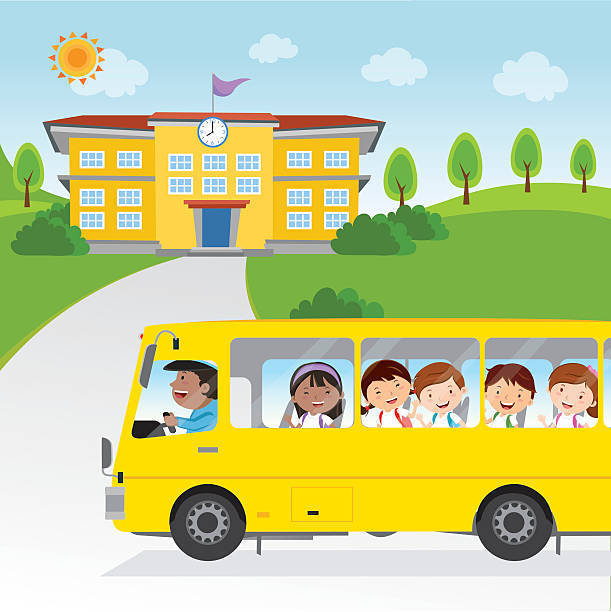 Cartoon school bus with driver and children parked in front of school on a sunny day