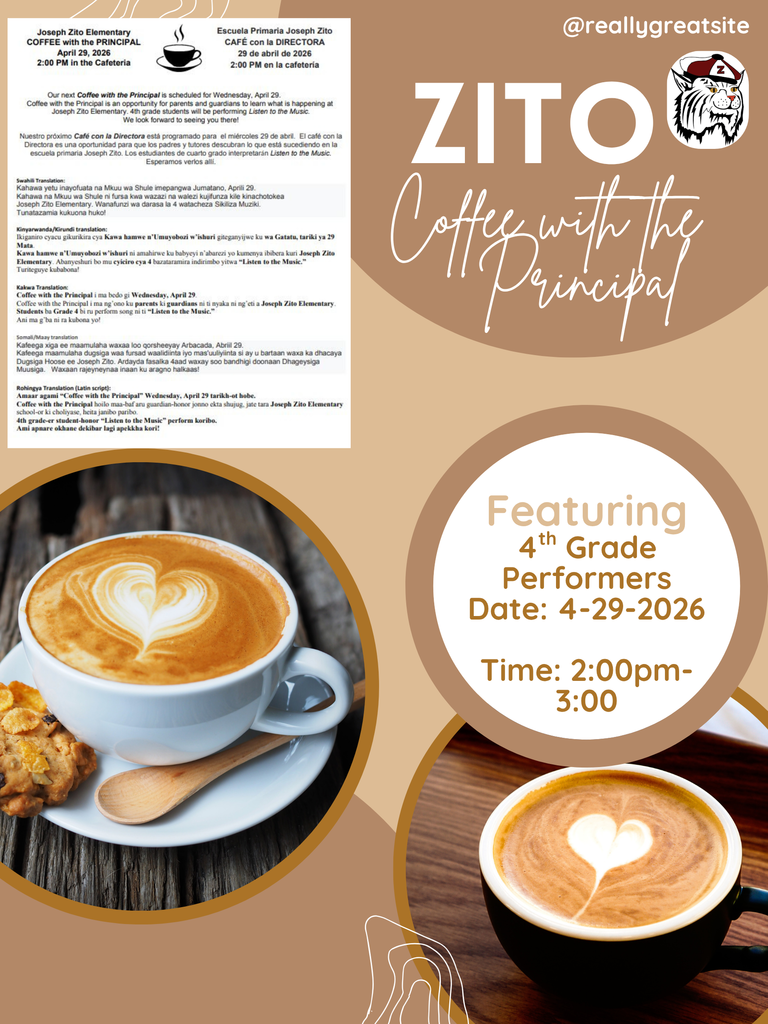 Coffee with the Principal Wednesday April 29th. At 2:00pm 