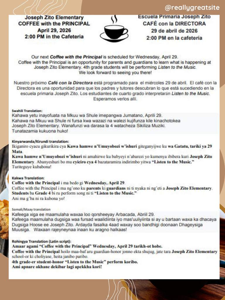 Descriptive information about Coffee with the Principal Event. 