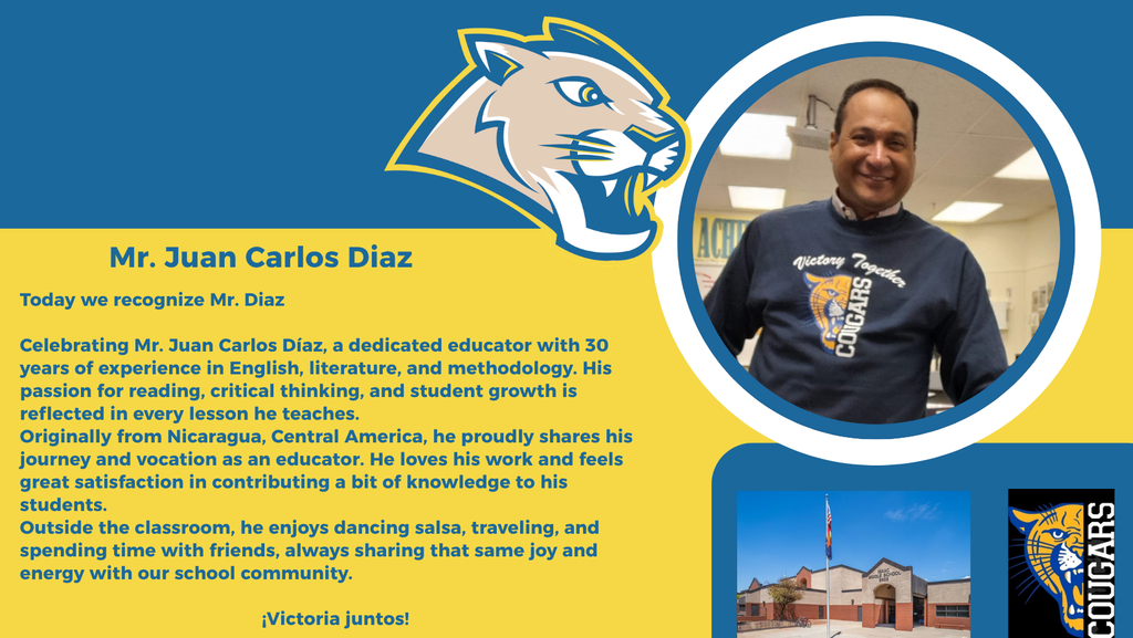 Today we recognize Mr. Diaz  Celebrating Mr. Juan Carlos Díaz, a dedicated educator with 30 years of experience in English, literature, and methodology. His passion for reading, critical thinking, and student growth is reflected in every lesson he teaches. Originally from Nicaragua, Central America, he proudly shares his journey and vocation as an educator. He loves his work and feels great satisfaction in contributing a bit of knowledge to his students. Outside the classroom, he enjoys dancing salsa, traveling, and spending time with friends, always sharing that same joy and energy with our school community.  ¡Victoria juntos!