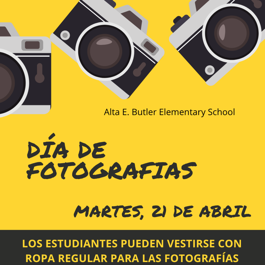  On Tuesday, April 21st, we will have individual pictures taken. Students are welcomed to dress to impress.    El martes, 21 de abril, tendremos el Día de la Fotografía Individual. Los estudiantes pueden vestirse para impresionar. 