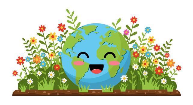 Cartoon Earth smiling and sitting in a field of wildflowers