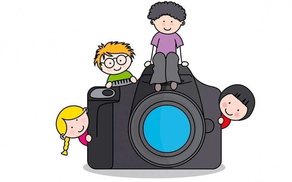 Cartoon photo camera with cartoon kids peeking from behind it and sitting on it