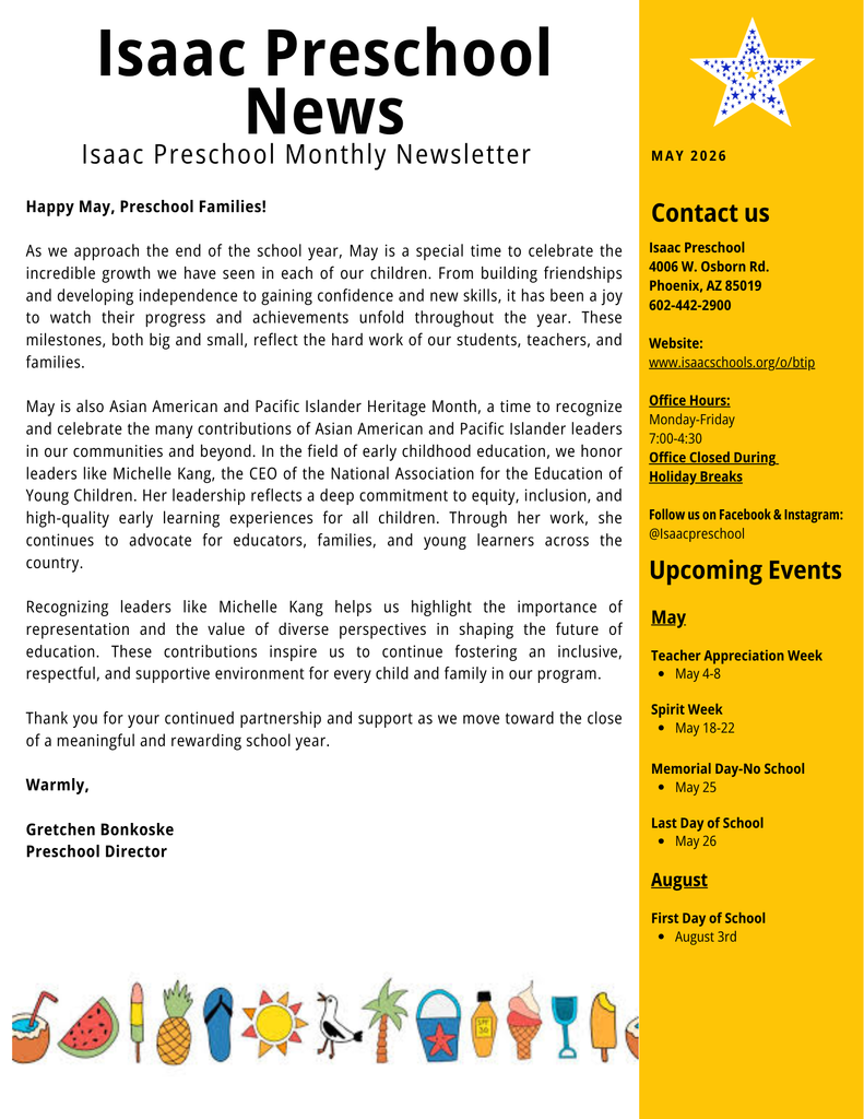 School newsletter with a message from the director and a yellow column with upcoming events and office info
