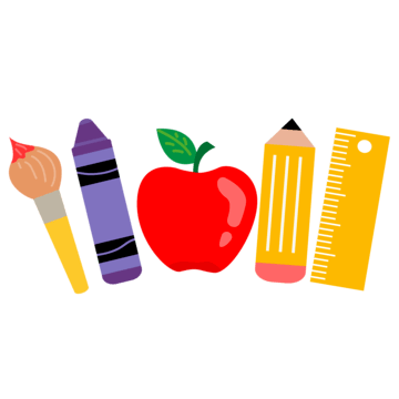 From left to right in a line: A cartoon paintbrush, a purple crayon, an apple, a pencil, and a yellow ruler
