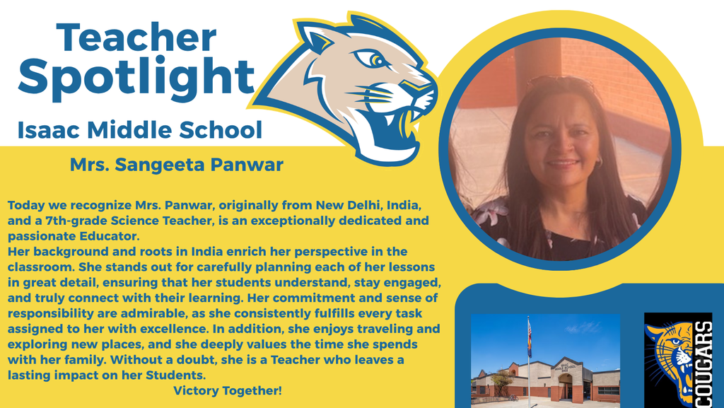 Today we highlight Mrs. Panwar, our dedicated 7th grade Science teacher, who inspires her students to learn and grow every day.