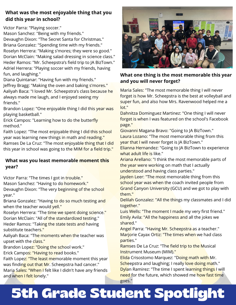 Student Spotlight (Part 2) Description: A second "5th Grade Student Spotlight" page featuring a group photo of a classroom of students with two police officers. The text contains student responses to three questions: "What was the most enjoyable thing that you did this year in school?", "What was your least memorable moment?", and "What one thing is the most memorable this year and you will never forget?" Highlights include field trips to JA BizTown and the Musical Instrument Museum (MIM), playing soccer with friends, and classroom parties.