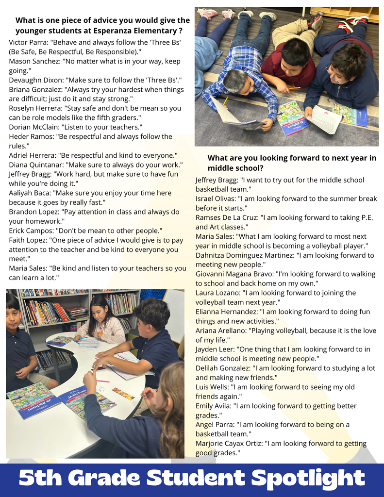 A page titled "5th Grade Student Spotlight" featuring interviews with several students. The top right shows a photo of three students lying on their stomachs on a rug, reading and writing. The text includes two main sections: "What is one piece of advice you would give the younger students?" and "What are you looking forward to next year in middle school?" Students share advice about following the "Three Bs" (Be Safe, Be Respectful, Be Responsible) and express excitement for joining sports teams and meeting new people in middle school.