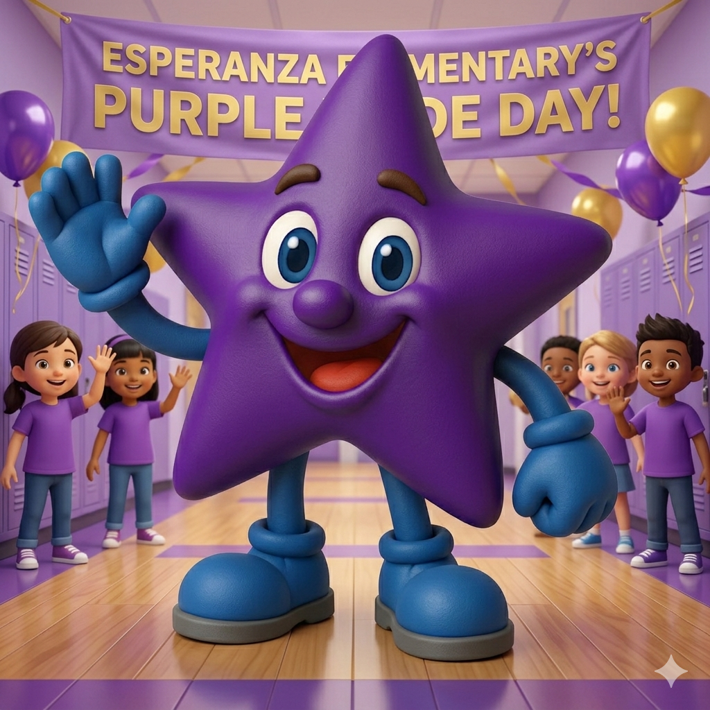 A vibrant, 3D-style digital illustration set in a school hallway with purple lockers and wood floors. In the center, a large, cheerful purple star character with blue arms and legs waves enthusiastically. The star has a friendly face with large blue eyes and a wide smile. In the background, several diverse elementary-aged children wearing purple t-shirts wave and smile. Above them hangs a large purple banner with gold text that reads: "ESPERANZA ELEMENTARY'S PURPLE PRIDE DAY!" Purple and gold balloons decorate the scene, creating a festive and celebratory atmosphere.
