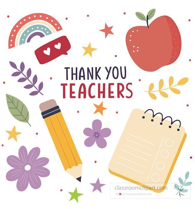 "Thank You Teachers" text surrounded by a pencil, an apple, a notebook, a rainbow, flowers, and stars