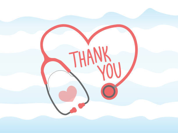 Light blue and white striped background with red text saying "Thank you" with a red stethoscope in shape of a heart around the text 