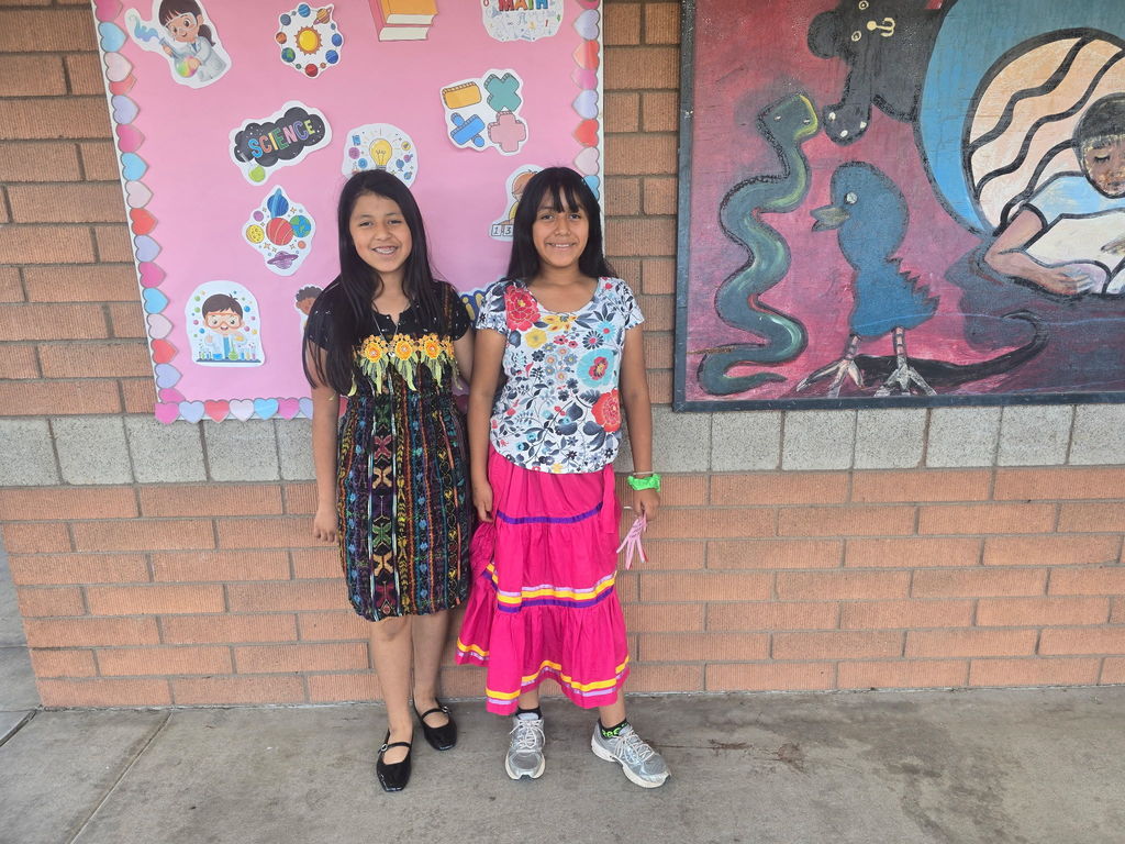 Two older girls standing against a brick wall. One wears a dark dress with colorful vertical patterns and yellow floral accents; the other wears a floral patterned shirt with a bright pink tiered skirt.