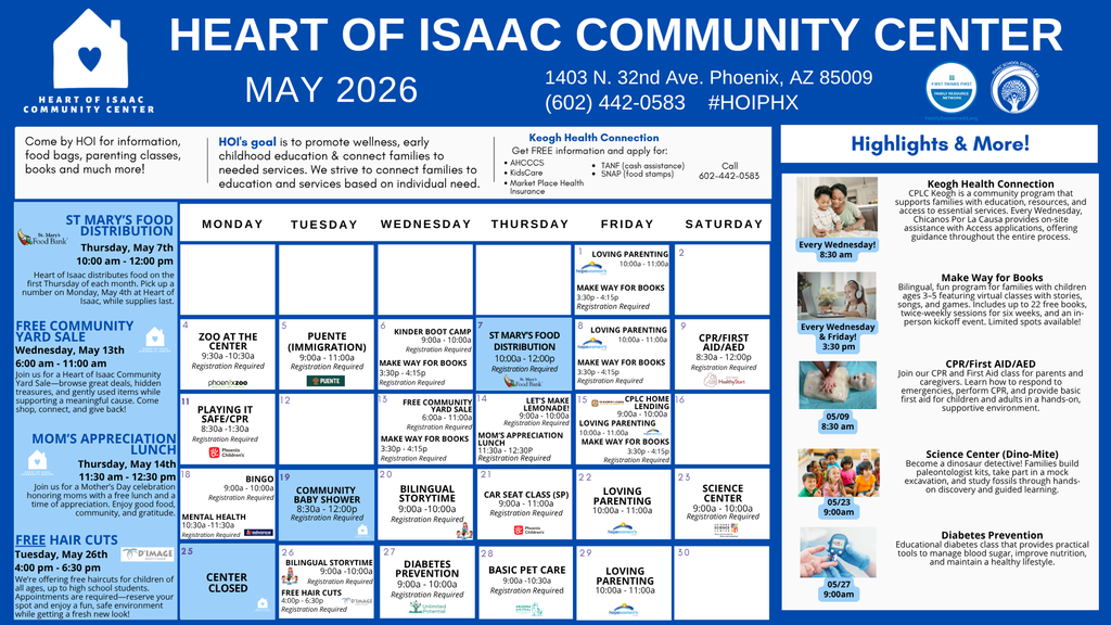 Calendar of events for May 2026