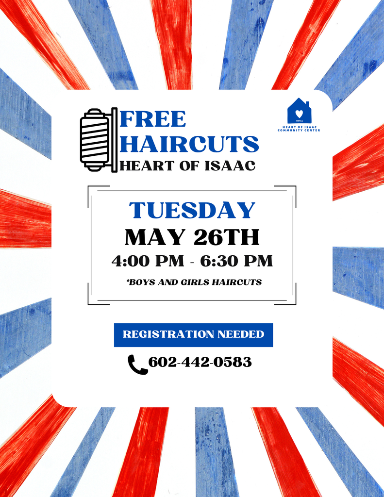A flyer for free haircuts against a background with red, white, and blue stripes