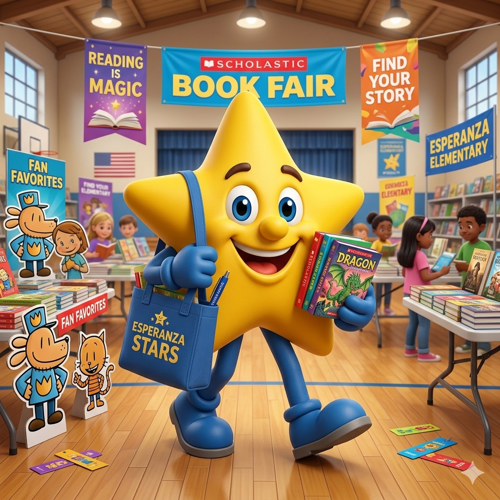 A bright and cheerful 3D digital illustration of a smiling yellow star mascot walking through a bustling school book fair.  Subject: In the center foreground, a large, friendly yellow five-pointed star character walks forward. The star has human-like blue arms and legs, wearing bright blue boots and blue gloves. It has a big, happy smile and friendly eyes. Over its left shoulder, it carries a blue tote bag with yellow text reading "ESPERANZA STARS" and a small star logo. In its right blue hand, it holds a small stack of colorful books, with a book titled "DRAGON" visible on top.  Setting: The scene is a school gymnasium or multipurpose room, indicated by the wood-paneled ceiling with overhead lights, wood plank floor with gymnasium lines, and children browsing in the background.  Foreground Details: The mascot walks toward the viewer on a polished wood floor. Scattered colorful bookmarks (orange, blue, and yellow) are on the floor around the mascot. To the far left, a table displays books, and two large cardboard character cutouts (Dog Man and Cat Kid, popular children's book characters) stand beside a blue sign reading "FAN FAVORITES".  Background Details: Further back, tables filled with hundreds of books are set up, with blurred children browsing. Hanging from the ceiling are large, decorative fabric banners containing key text:  Top left (purple): "READING IS MAGIC" with an illustration of an open book.  Top center (blue): "SCHOLASTIC BOOK FAIR" (main title) below a small open book logo.  Top right (orange): "FIND YOUR STORY" with an open book.  Far right (blue): "ESPERANZA ELEMENTARY" (small text on a banner near the tables).  Atmosphere: The illustration has a soft, inviting digital 3D style with bright, warm colors, creating an active and exciting environment.