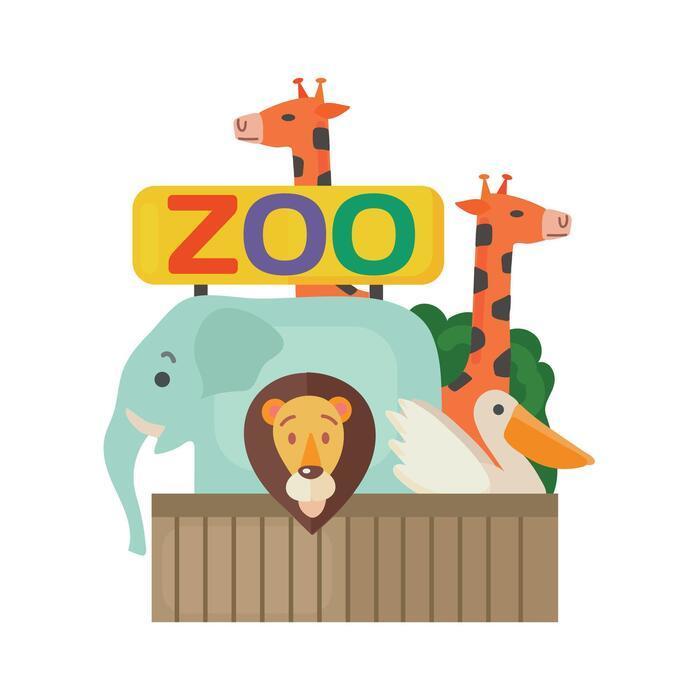 Cartoon icon of a zoo sign surrounded by a lion, elephant, two giraffes, and a pelican