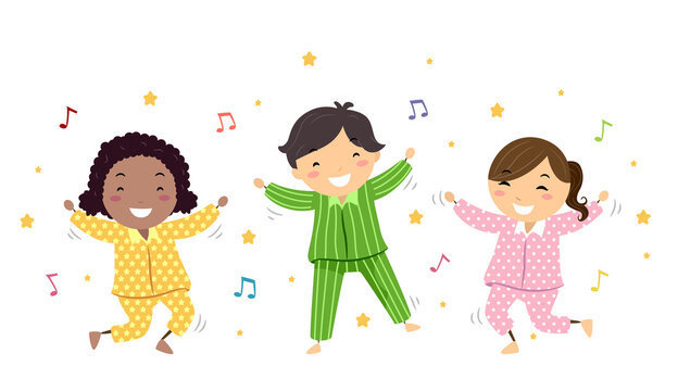 3 Cartoon children dressed in pajamas dancing to music with rainbow music notes and yellow stars surrounding them