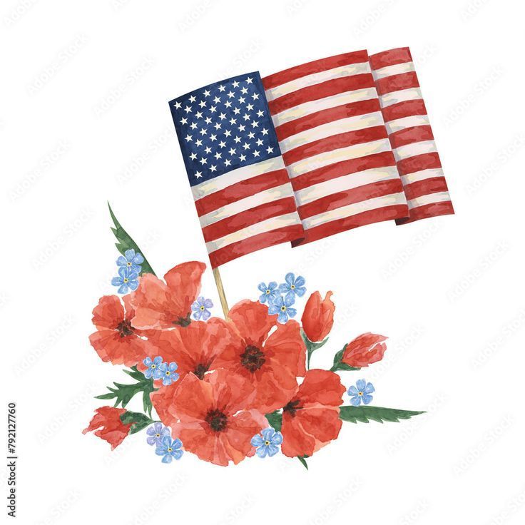 American flag with poppy flowers and forget-me-nots