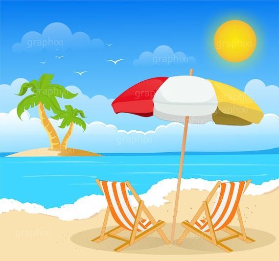 Cartoon beach scene with two beach chairs facing the ocean, a beach umbrella, and palm trees 