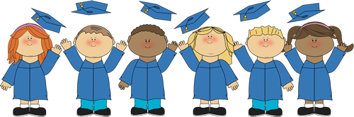 Cartoon children in graduation robes throwing their graduation caps