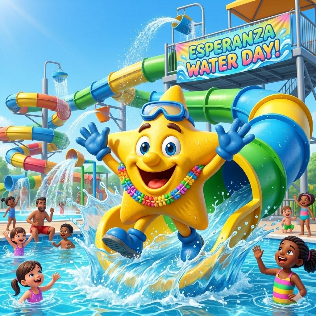 Subject: The central focus is a cheerful, 3D-rendered yellow star mascot plunging feet-first down a water slide. The mascot has wide blue eyes, brown eyebrows, a broad happy smile, and is wearing blue swimming goggles on its forehead and a multi-colored lei around its neck. Its cartoonish blue arms are raised high in excitement.  Foreground/Action: The mascot is exiting a yellow tube slide, causing a large white and blue water splash as it hits the swimming pool below.  Other Characters: In the pool surrounding the slide, several diverse elementary school-aged children and one adult male are swimming, splashing, and smiling joyfully.  Background/Setting: The scene is a sunny, outdoor water park under a bright blue sky. A massive, winding water slide complex made of interlocking green, blue, yellow, and red tubes towers in the background. A tipping water bucket is visible at the top of the structure.  Text: A large, colorful banner hangs from the slide's upper platform, featuring the text "ESPERANZA WATER DAY!" in bold, playful, multicolored lettering.  Style: The image has a vibrant, glossy, modern 3D animation style with bright lighting and highly saturated colors.