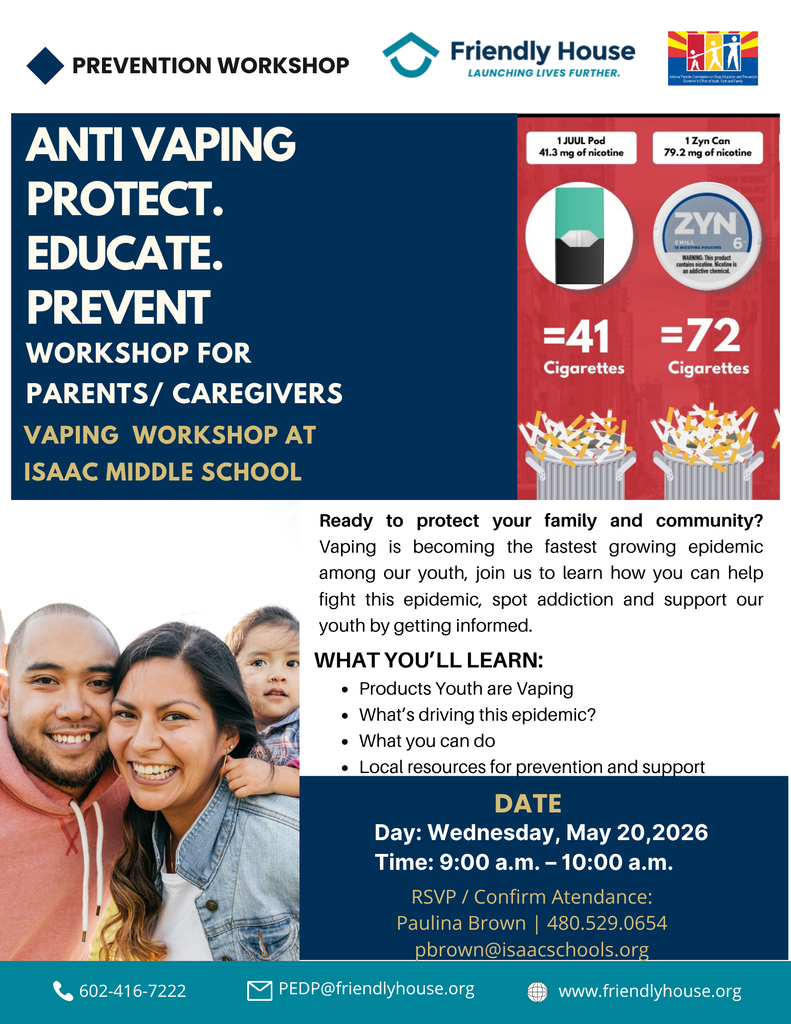 IMS Parents & Caregivers — You’re Invited to Our Anti-Vaping Prevention Workshop!  Join us to learn how to protect, educate, and support our youth as we address the growing issue of vaping. Families will receive valuable information, warning signs to look for, and helpful community resources.  🗓️ Wednesday, May 20, 2026 ⏰ 9:00 a.m. – 10:00 a.m. 📍 Isaac Middle School  We hope to see you there! Together, we can continue supporting and strengthening our community.