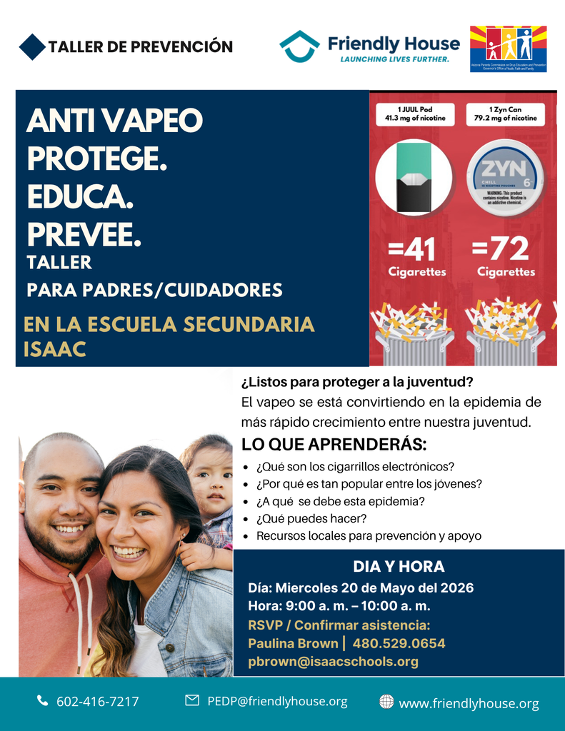 IMS Parents & Caregivers — You’re Invited to Our Anti-Vaping Prevention Workshop!  Join us to learn how to protect, educate, and support our youth as we address the growing issue of vaping. Families will receive valuable information, warning signs to look for, and helpful community resources.  🗓️ Wednesday, May 20, 2026 ⏰ 9:00 a.m. – 10:00 a.m. 📍 Isaac Middle School  We hope to see you there! Together, we can continue supporting and strengthening our community.