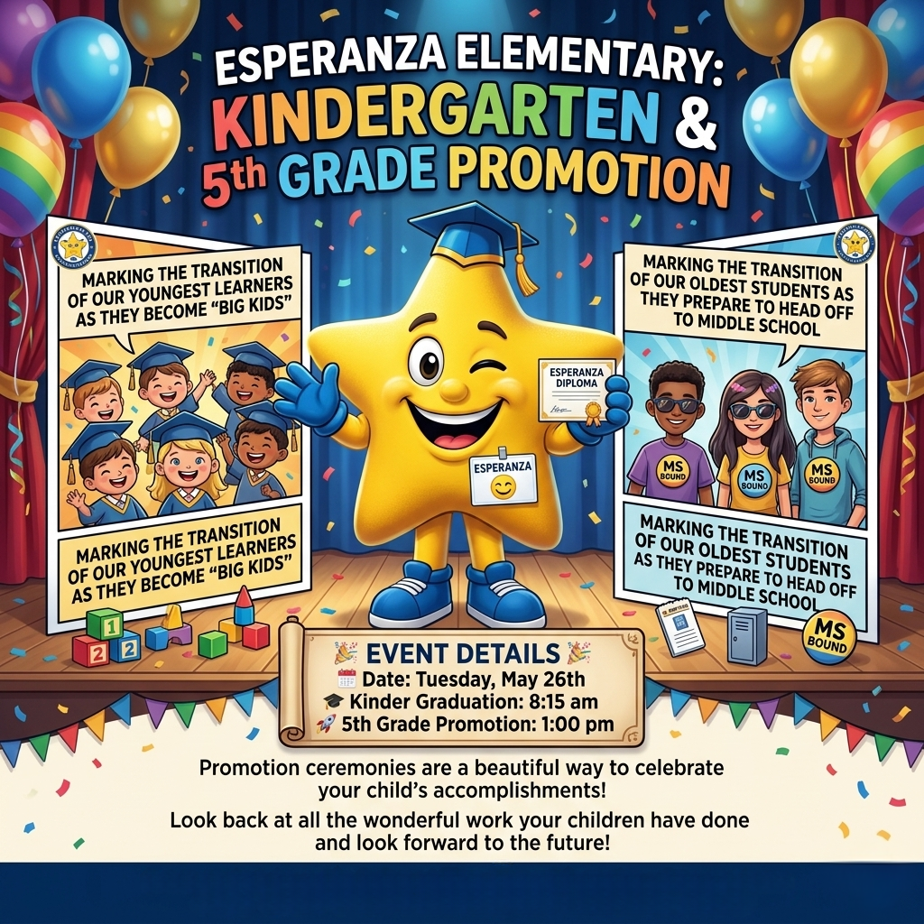 Overall Theme & Layout: The image is a vibrant, highly detailed celebration flyer set against a theatrical stage backdrop. A central cartoon character is flanked by two educational info-panels, with event schedules and congratulatory text presented at the bottom.  Header Text: At the top center, bold white text reads, "ESPERANZA ELEMENTARY:". Directly beneath it, large, playful, multicolored letters read, "KINDERGARTEN & 5th GRADE PROMOTION".  Central Mascot: A friendly, 3D-animated yellow star mascot stands center-stage. It is wearing a blue graduation cap with a gold tassel, blue sneakers, and blue gloves. It is winking, smiling, waving one hand, and holding a mini certificate labeled "ESPERANZA DIPLOMA" in the other. A small white name tag on its chest reads "ESPERANZA" with a smiley face.  Left Side Panel (Kindergarten): A comic-style framed poster displaying a group of diverse, happy young children wearing blue graduation caps and gowns. The text surrounding the illustration reads: "MARKING THE TRANSITION OF OUR YOUNGEST LEARNERS AS THEY BECOME 'BIG KIDS'". Colorful toy building blocks numbered "1", "2", and "2" sit at the base of the frame.  Right Side Panel (5th Grade): A matching comic-style frame displaying three diverse pre-teen students wearing sunglasses and hoodies/shirts that read "MS BOUND". The text surrounding the illustration reads: "MARKING THE TRANSITION OF OUR OLDEST STUDENTS AS THEY PREPARE TO HEAD OFF TO MIDDLE SCHOOL". A toy locker, notebook, and a gold seal reading "MS BOUND" sit at the base.  Event Details Box: Located in the lower-middle section, stylized as an unrolled parchment scroll. It contains a calendar and cap icon with the text:  "📋 EVENT DETAILS"  "📅 Date: Tuesday, May 26th"  "🎓 Kinder Graduation: 8:15 am"  "🚀 5th Grade Promotion: 1:00 pm"  Body Prose Text: Centered at the bottom in clean, black font:  "Promotion ceremonies are a beautiful way to celebrate your child’s accomplishments!"  "Look back at all the wonderful work your children have done and look forward to the future!"  Footer Banner: A dark blue bar running across the very bottom contains the white text: "Detailed schedules and invitation additional event information will be sent home shortly. We look forward to celebrating these achievements with you!"  Background Decorations: The stage features a polished wooden floor, a dark blue curtain backdrop, red velvet side curtains, multi-colored hanging triangle bunting flags, floating gold, blue, and rainbow balloons, and scattered multi-colored confetti.
