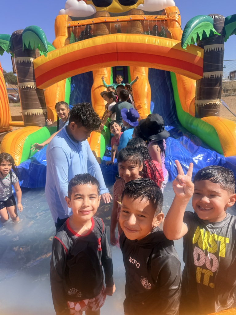A group of elementary-aged children crowd together in the splash pool at the base of a large, colorful inflatable water slide. The slide is decorated with green inflatable palm trees and a large sun at the peak. In the foreground, three boys smile at the camera, with the boy on the right flashing a peace sign. Other children are visible climbing up and sliding down the water slide under a bright, sunny sky.