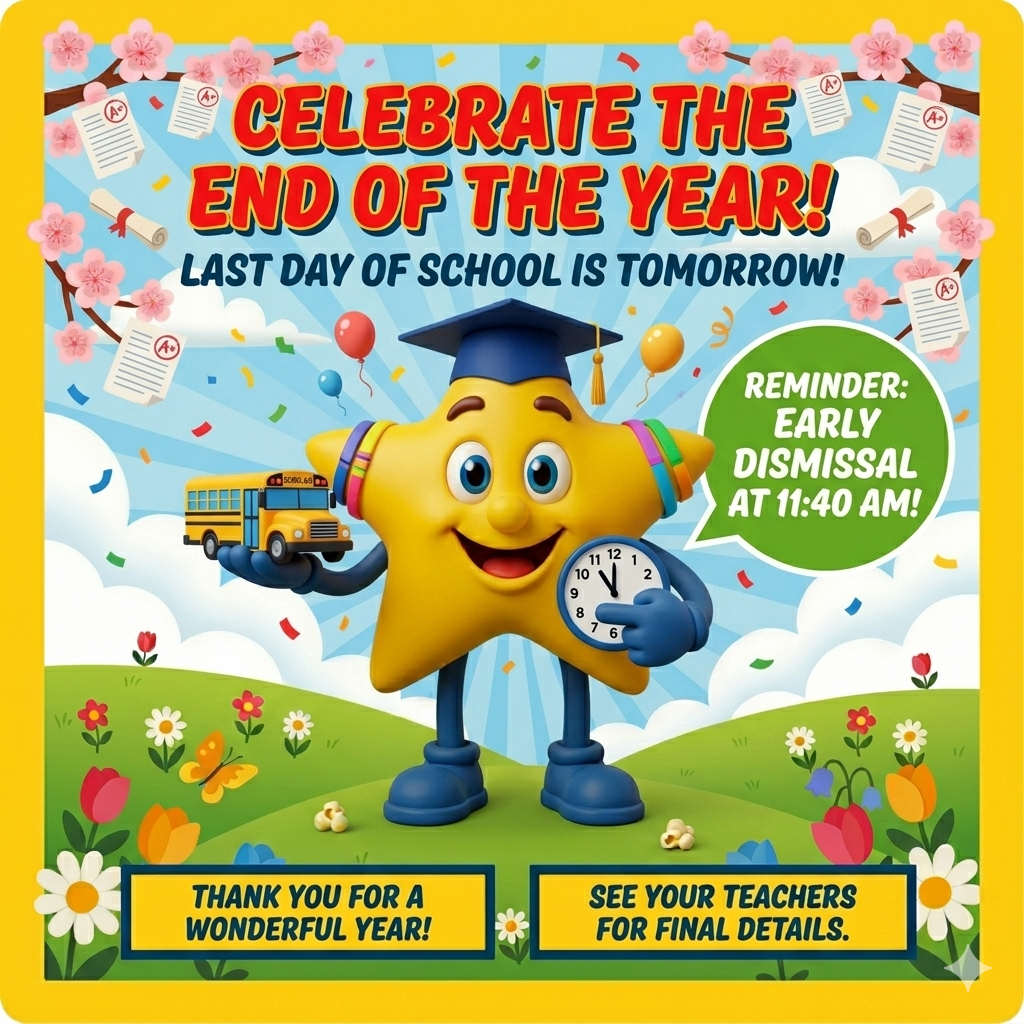 This is a festive, colorful square digital flyer with a cheerful spring/summer celebration theme. It serves as an end-of-the-year school notice. The flyer has a thick yellow border and features the central school mascot holding themed items, surrounded by celebratory decorations.  Central Visuals: The centerpiece is the Esperanza Star mascot—a friendly, five-pointed yellow cartoon star with big blue eyes and a wide smile. The character is wearing a dark blue graduation cap (mortarboard) with a gold tassel. It stands on a flowery green hill.  In its right hand, it balances a small, yellow school bus model.  In its left hand, it holds a round blue-and-white clock pointing to approximately 11:40.  Background & Festive Elements: The background features a light blue sky with a sunburst effect, soft white clouds, and colorful floating balloons (red, blue, and yellow) alongside falling confetti. Pink cherry blossom branches frame the top corners, decorated with hanging diplomas rolled with ribbons and school papers showing an "A+" grade. The grassy hill below is scattered with tulips, daisies, and a flying butterfly.  Text and Information:  Main Header (Large, playful red bubble letters with a yellow outline): "CELEBRATE THE END OF THE YEAR!"  Sub-Header (Bold, dark blue text): "LAST DAY OF SCHOOL IS TOMORROW!"  Reminder Speech Bubble (Large green circle on the right side with bold white text): "REMINDER: EARLY DISMISSAL AT 11:40 AM!"  Footer Call-to-Action Panels (Two yellow rectangles with dark blue text at the very bottom):  Left panel: "THANK YOU FOR A WONDERFUL YEAR!"  Right panel: "SEE YOUR TEACHERS FOR FINAL DETAILS."
