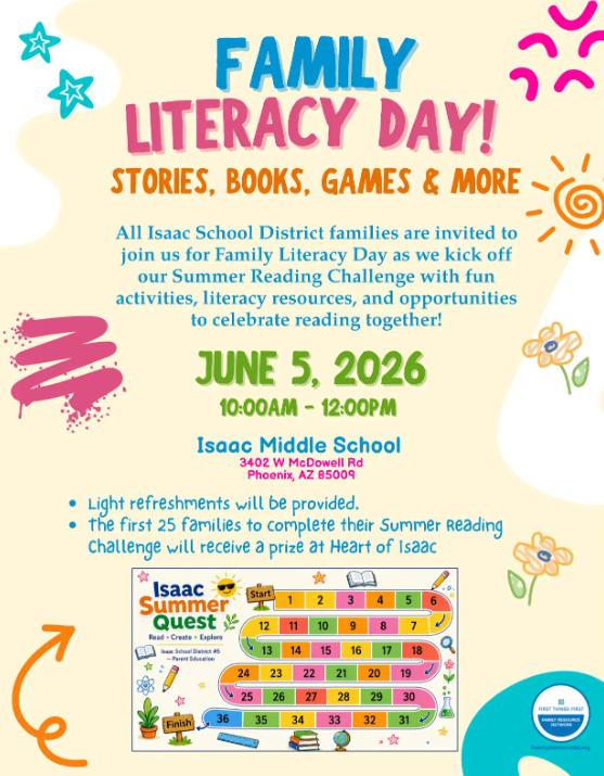 Family Literacy Day June 5th 10am to 12:00pm at Isaac Middle School 