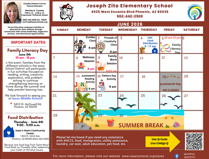 Joseph Zito Elementary School Parent Educator Calendar for June. 
