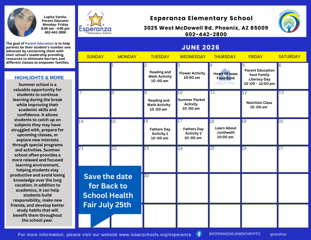 A digital flyer and activity calendar for June 2026 from Esperanza Elementary School. The graphic features a blue, white, and yellow color scheme with text, a calendar grid, logos for Esperanza Elementary and Isaac School District #5, and a staff headshot.