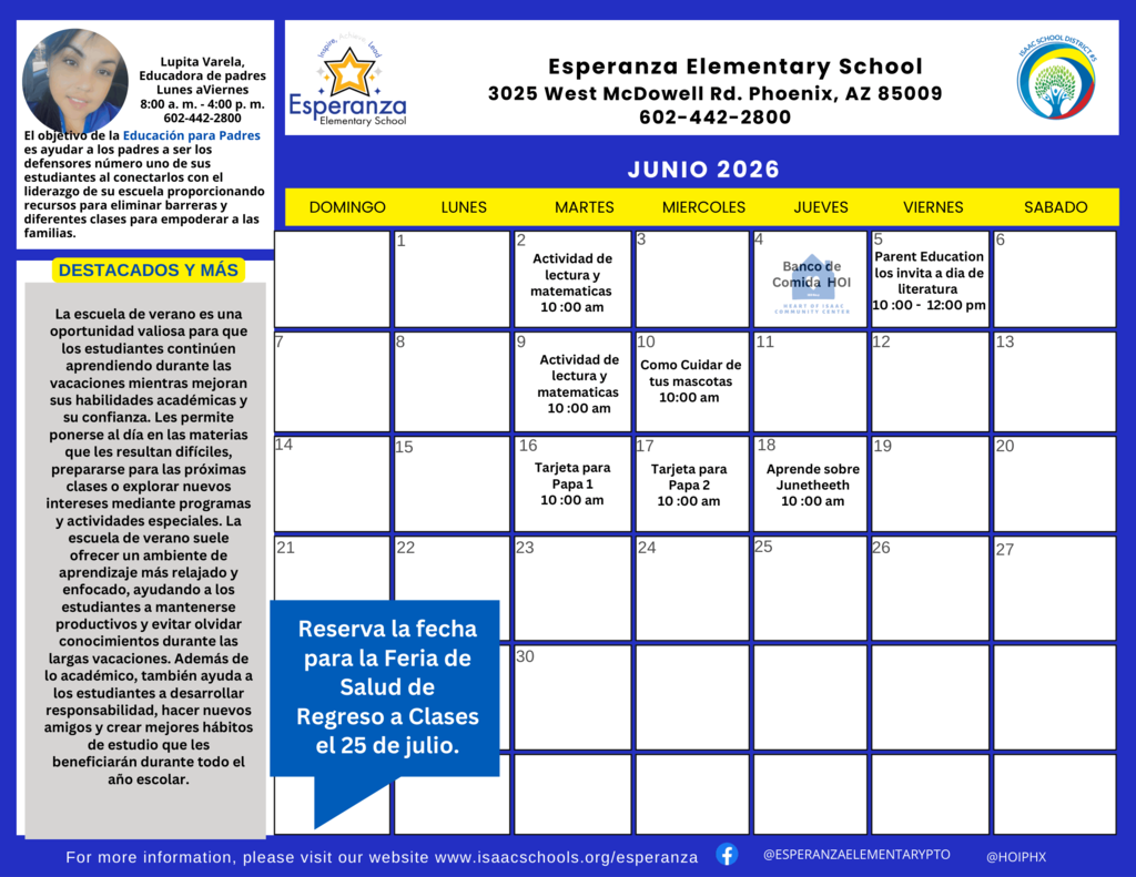 A digital flyer and activity calendar for June 2026 from Esperanza Elementary School. The graphic features a blue, white, and yellow color scheme with text, a calendar grid, logos for Esperanza Elementary and Isaac School District #5, and a staff headshot.