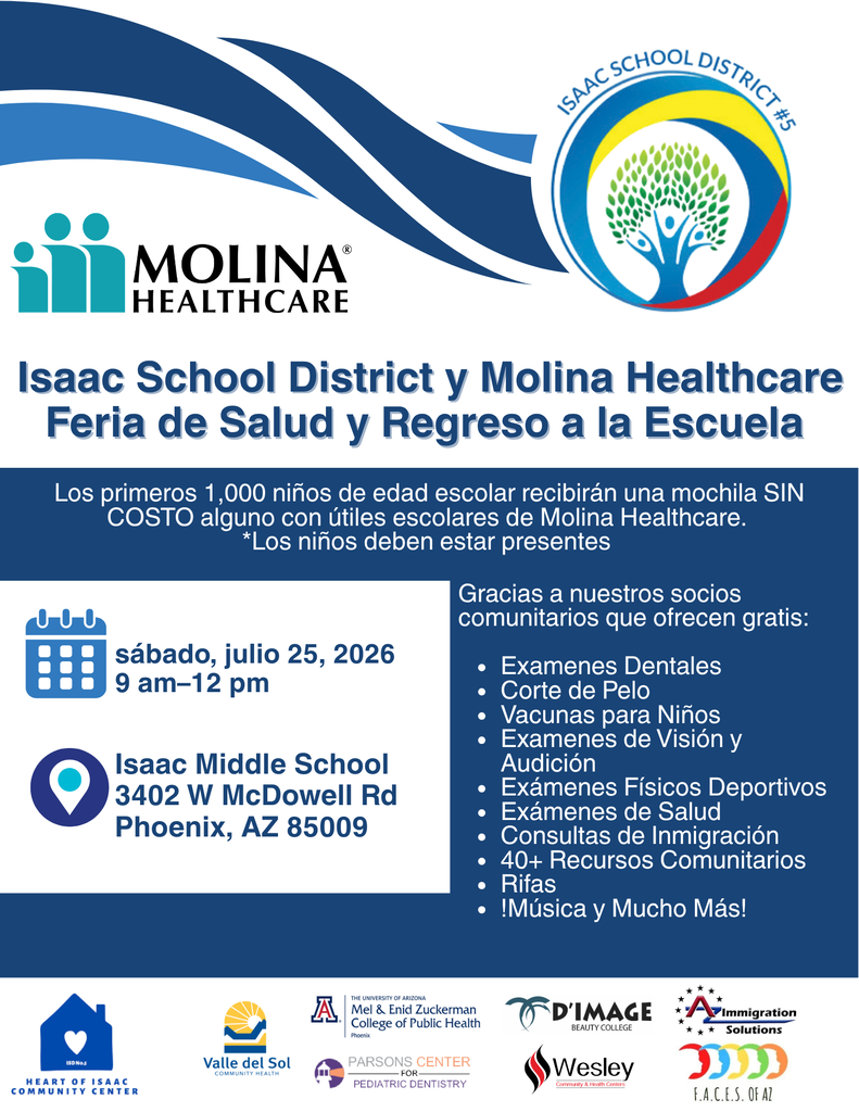 Isaac School District and Molina Healthcare Back to School Health Fair Flyer-Spanish