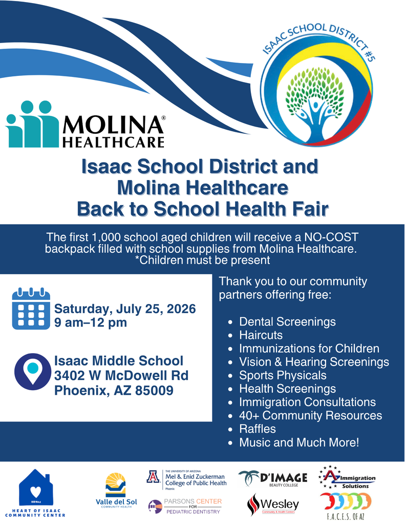 Isaac School District and Molina Healthcare Back to School Health Fair Flyer